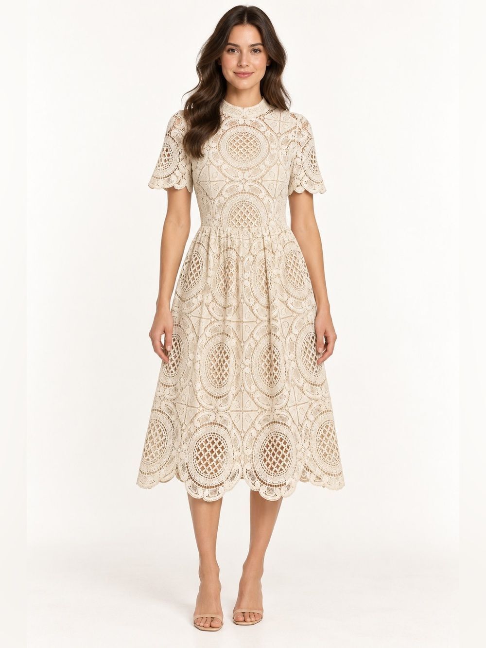 Mia Joy White Beige Lace Mock Neck Short Sleeve MIDI Dress Xs